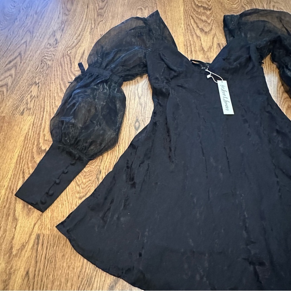 For Love & Lemons Black Gabrielle Puff Sheer Long Sleeve Mini Dress XS NWT - Picture 3 of 12